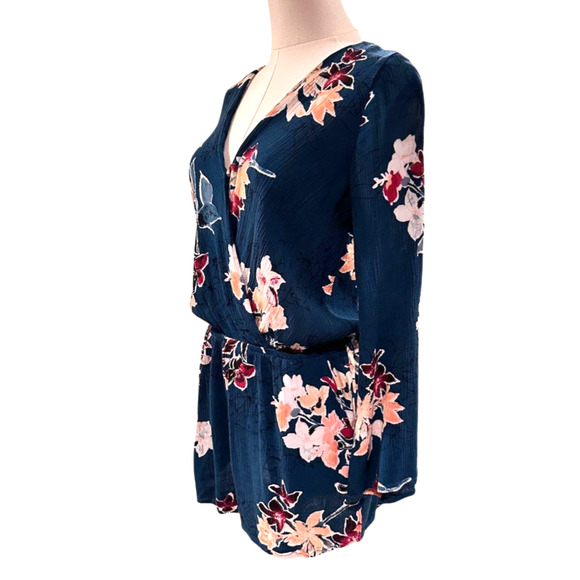 Lulus Teal Green Floral V Neck Faux Wrap Long Sleeve Romper Medium - Picture 5 of 10